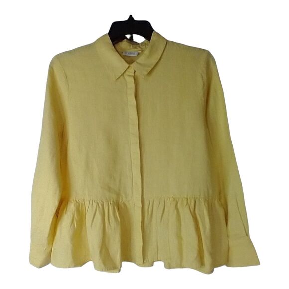 Masai Copenhagen Idana Linen Button-Up Yellow Blouse Size Medium - Peplum Hem - Picture 4 of 9